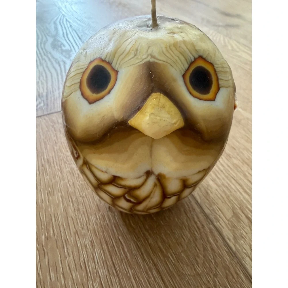 Vintage Hand Poured Wax Owl Candle Brown Marbled Woodland Decor 4 Inch